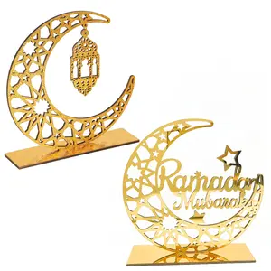 2 Pieces Acrylic Ramadan Decorations Islamic Eid Mubarak Kareem Table Sign Moon Hollow Star Ornament for Muslim Party Tabletop Decor Home Art Craft Decoration Golden Moon
