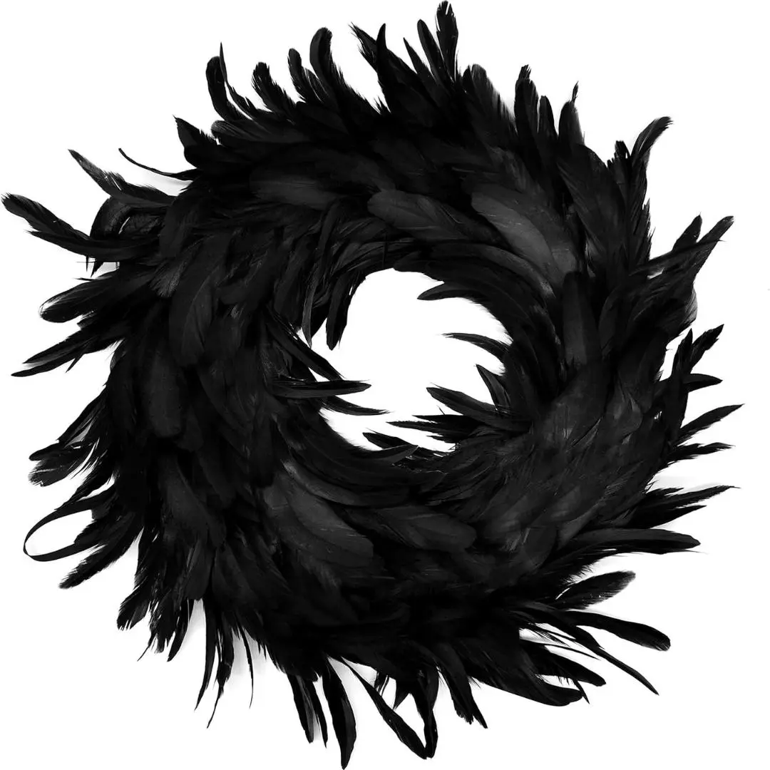 Natural Feathers Wreath 13.5" in Black for Halloween Decorations, Spooky Scene Party Favors, Halloween Photo Props, Trick of Treat, Front Door