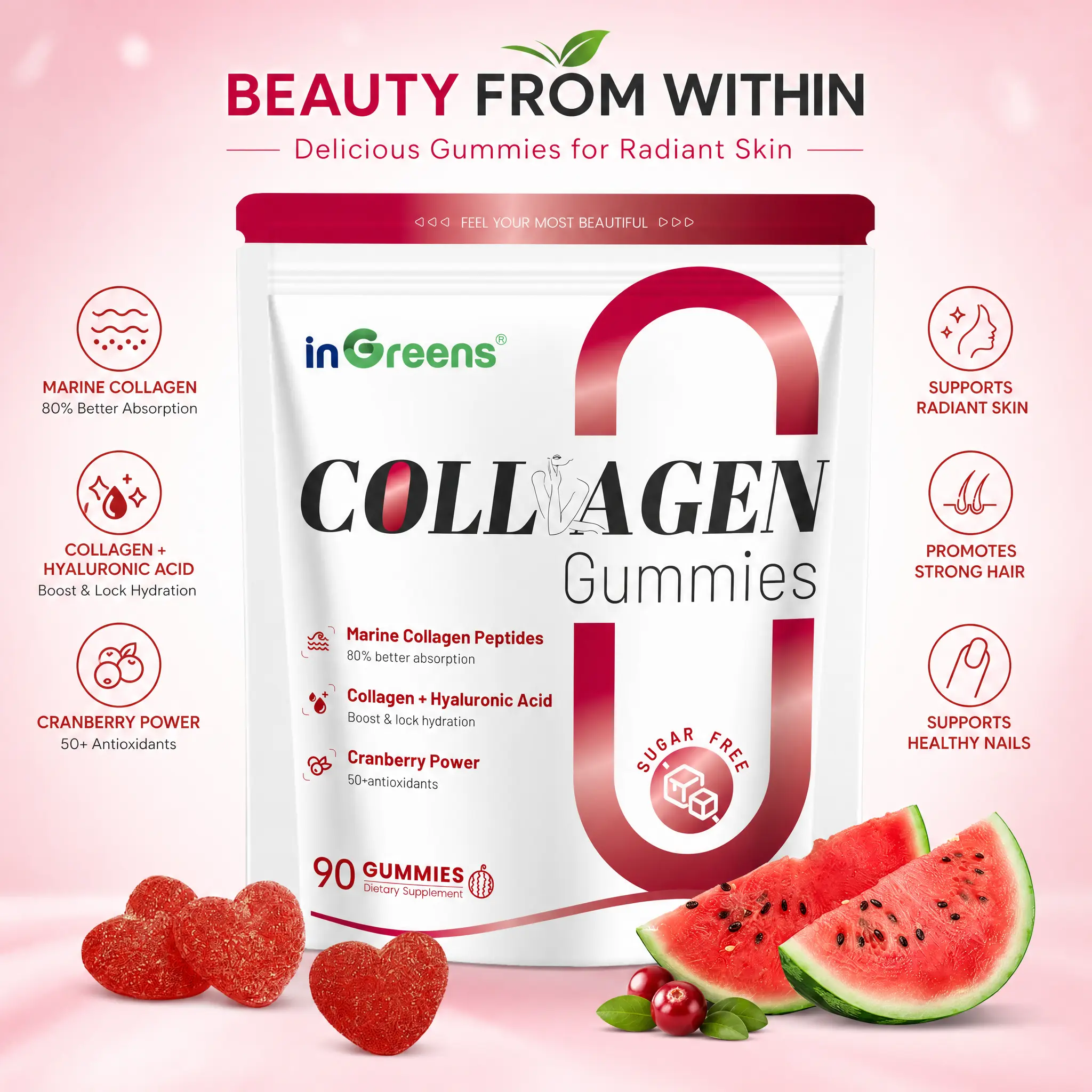 InGreens Collagen Gummies – Hydrolyzed Marine Collagen 5000mg, Hyaluronic Acid + Cranberry + 50+ Antioxidants, Zero Sugar, 90 Gummies, 30-Day Supply – Supports Skin, Hair, Nails & Hydration (US Stock)