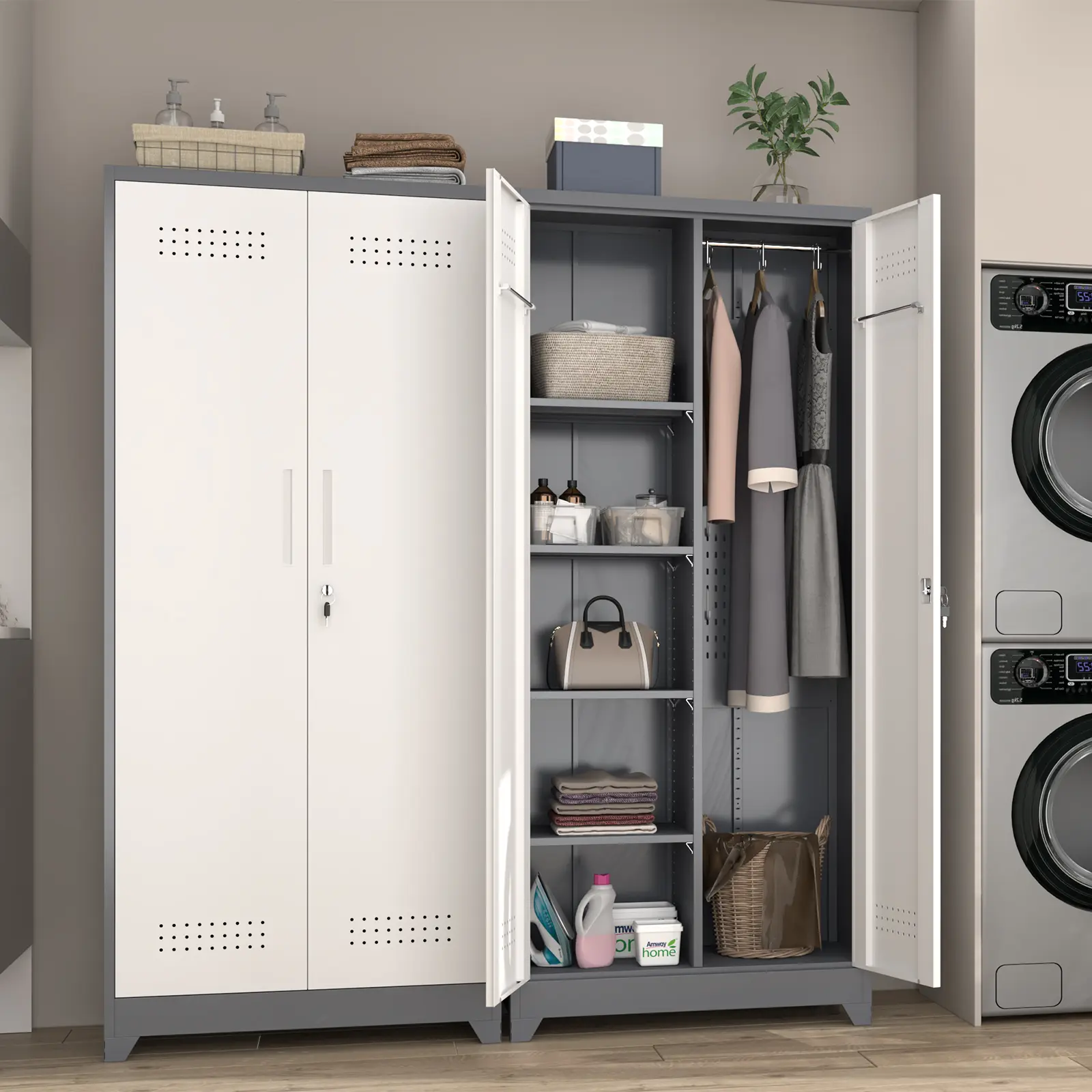 Metal Storage Cabinet With Locking Doors, Broom Closet Storage Cabinet With Adjustable Shelve For Tools, Utility Closet For Brooms And Mops, Cleaning Metal Storage Cabinet With Pegboard And Hanging Rod For Home Office Garage, Grey+White