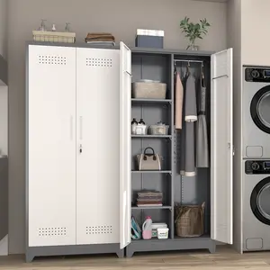 Metal Storage Cabinet With Locking Doors, Broom Closet Storage Cabinet With Adjustable Shelve For Tools, Utility Closet For Brooms And Mops, Cleaning Metal Storage Cabinet With Pegboard And Hanging Rod For Home Office Garage, Grey+White