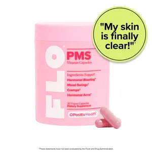 FLO PMS Vitamin Capsules for Women, 30 Servings (Pack of 1) - Proactive PMS Relief - Targets Hormonal Breakouts, Bloating, Cramps, & Mood Swings with Chasteberry, Vitamin B6, & Lemon Balm