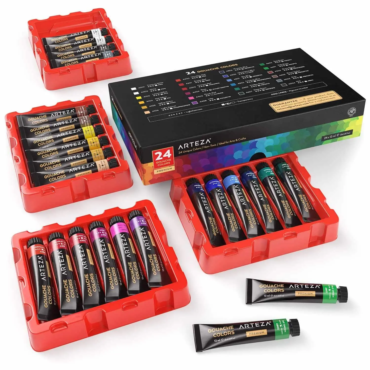 Arteza® Gouache Paint Set - 24x12ml Tubes (ARTZ-8155) for Artists, Bold Matte Finish, Dries Fast for Paper, Mixed Media Supplies That Supports Layering & Mixed Media Projects