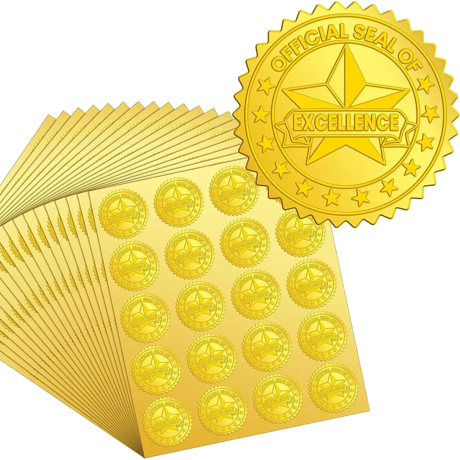 500 Pcs 1.5 in Self-Adhesive Embossed Gold Foil Certificate Seals - Official Seal of Excellence, Classy Feeling with Detailed Pattern for Awards, Announcements, Graduation Certificates, Envelopes, Diplomas (Office Stationery Supplies)