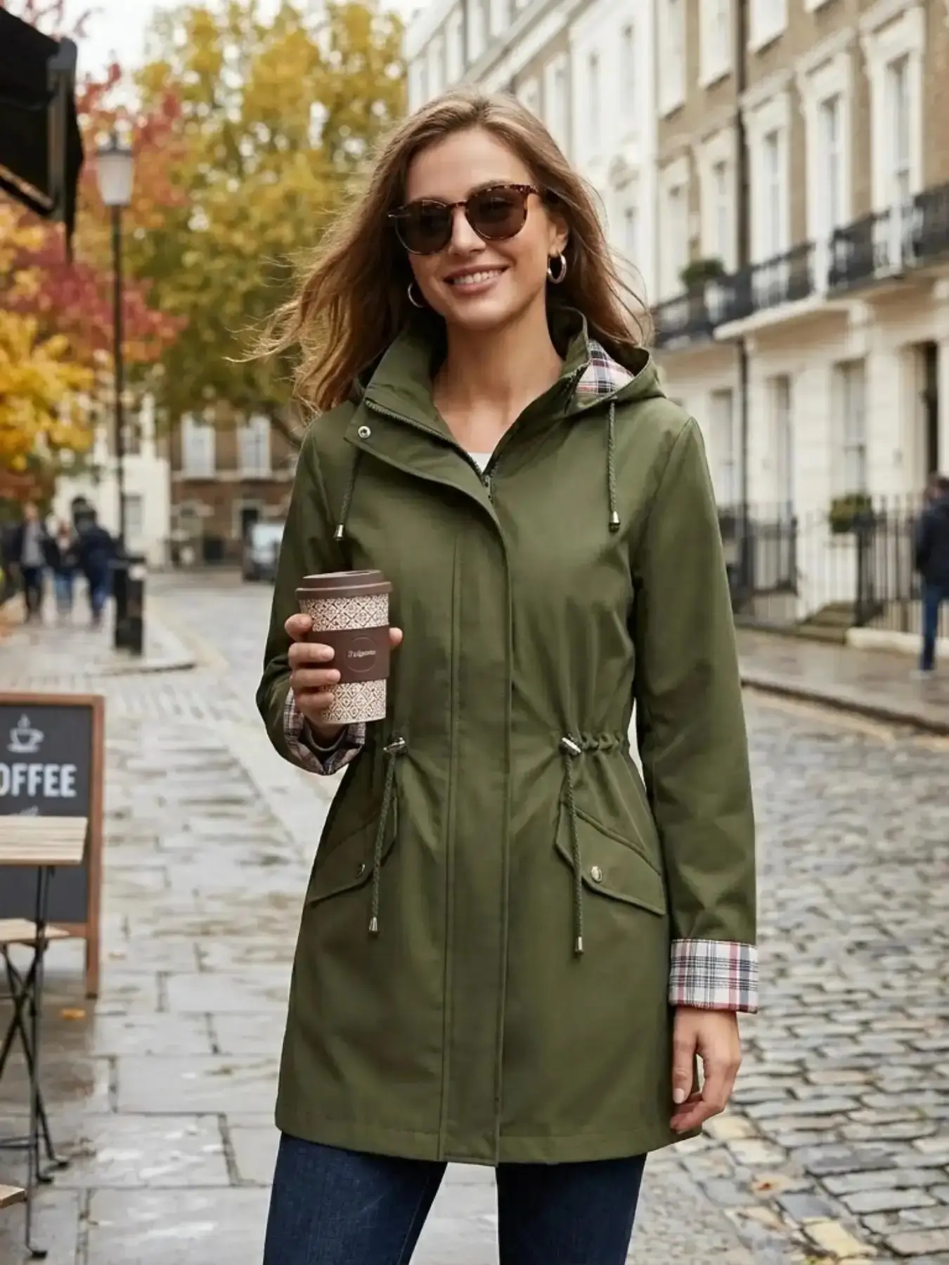 Women's Solid Color Drawstring Zip Up Hooded Trench Coat Raincoat, Casual Long Sleeve Waterproof Windproof Breathable Outerwear for Spring & Fall, Ladies Clothes Daily Wear versatile go to contemporary