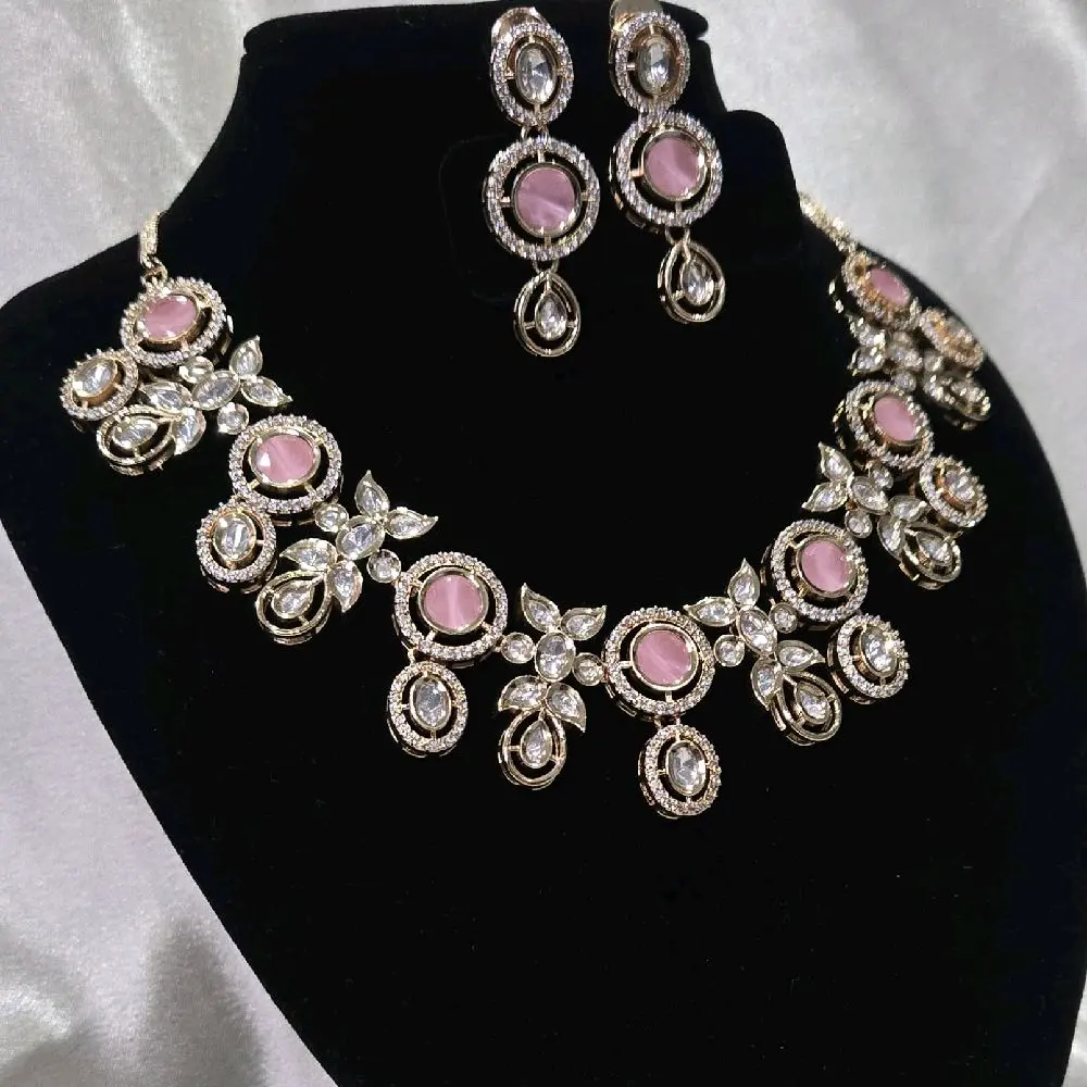 Elegant Polki AD Pendant Style Necklace Set with Intricate Rhinestone Design and Matching Earrings for Special Occasions