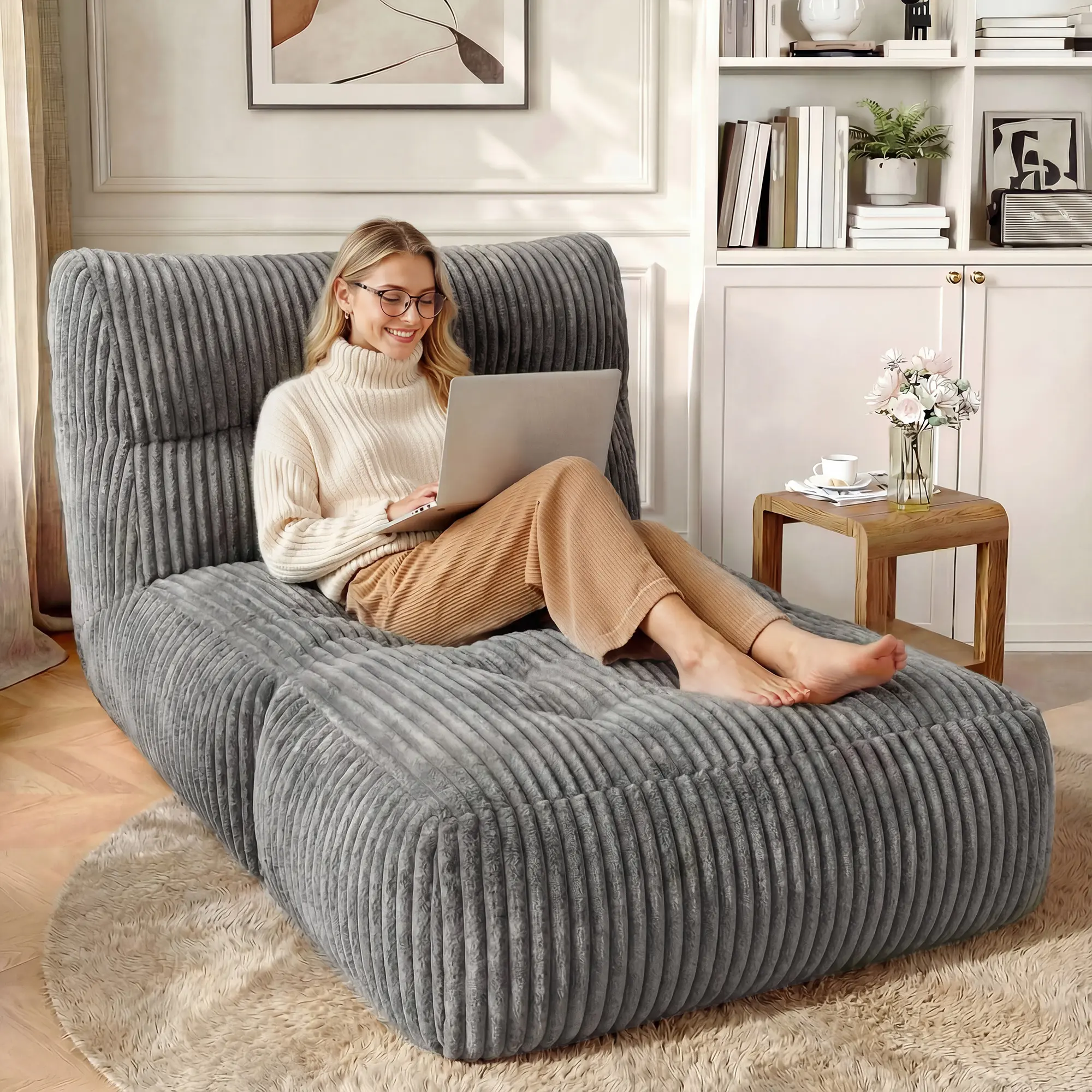 【SummerVibes】 Raybee Bean Bag Sofa,Giant Bean Bag Chairs for Adults 31.49" H with Foldable Ottoman,Big Lounge Chair with Memory Foam Filled for Living Room, Bedroom or Balcony,Lazy Floor Sofa