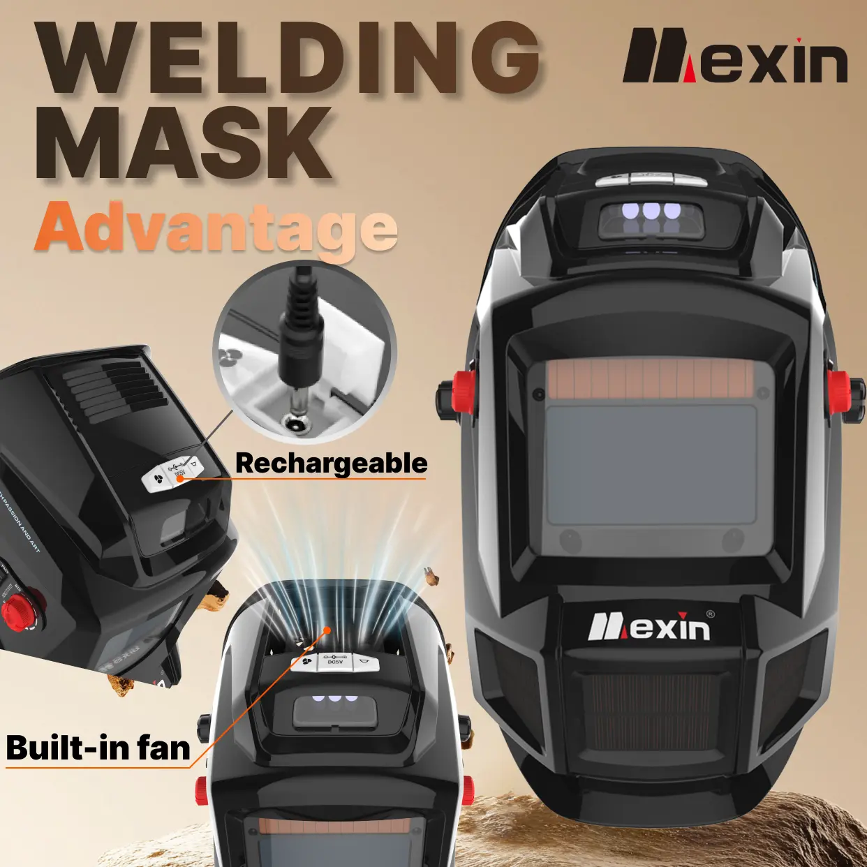 Mexin-W7000 Welding Helmet -4 Arc sensor automatic dimming welding helmet - Advanced shadow adjustment, built-in fan, LED light, true color vision - TIG MIG arc welding hood and helmet for use