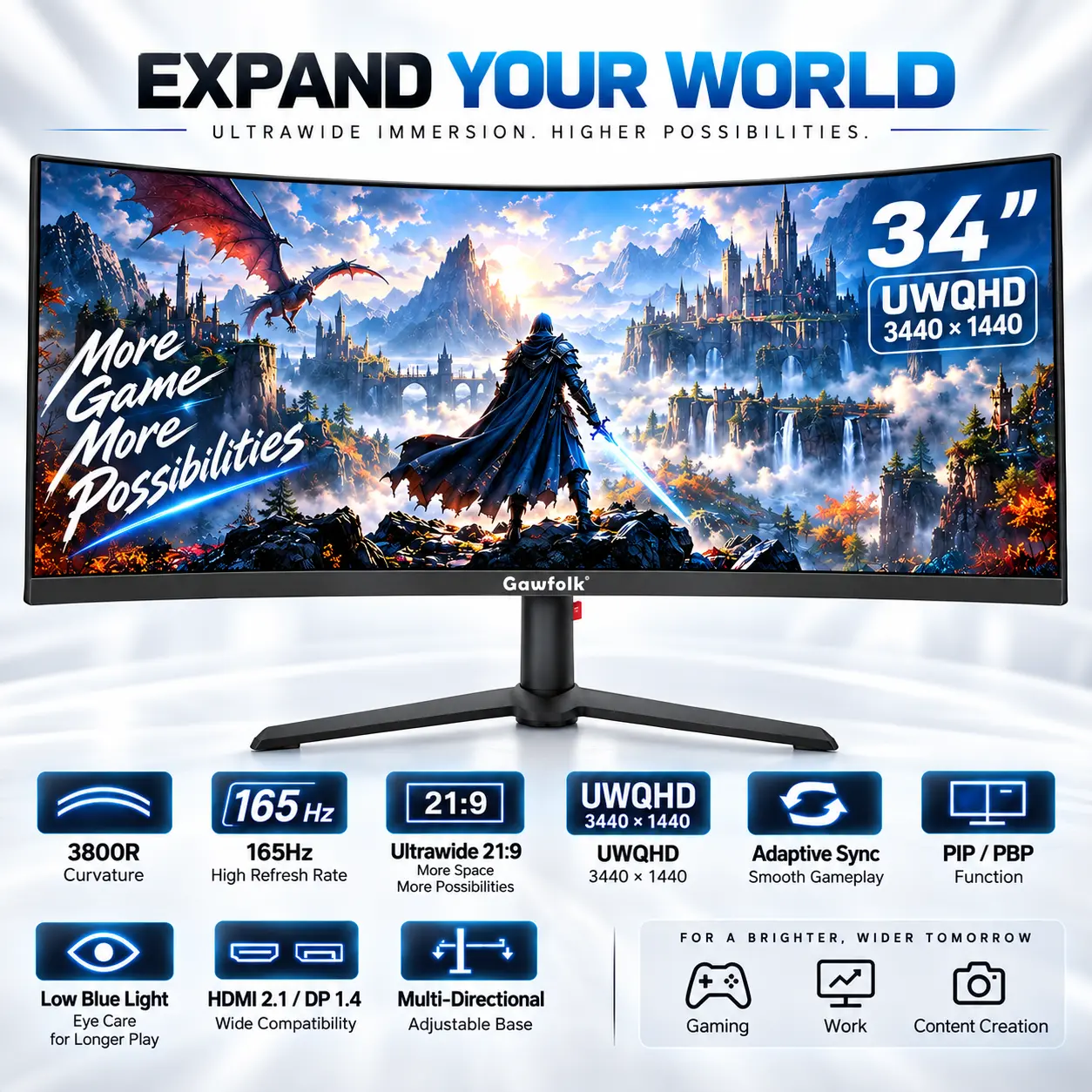 Gawfolk 34-Inch Ultrawide 21:9 UWQHD 3440x1440 Curved Gaming Monitor, 165Hz, 3800R Curvature, Adaptive Sync, Multi-Directional Adjustable Base, PIP/PBP Function, Low Blue Light, HDMI2.1/DP1.4 for Gaming, Work | Immersive Wide Screen Monitors
