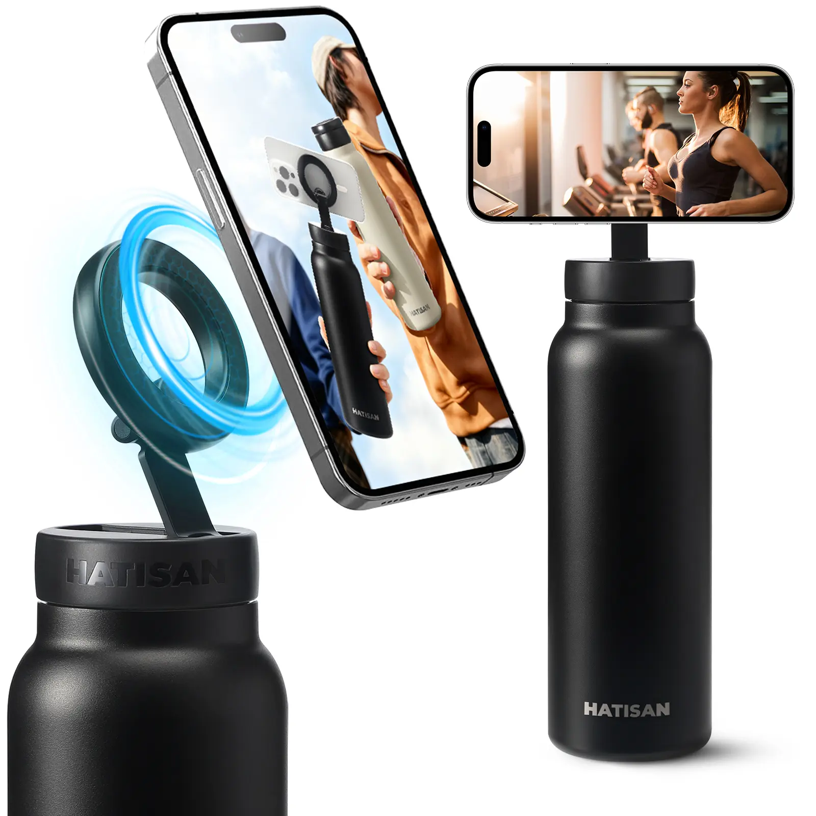 HATISAN Insulated Magnetic Water Bottle - 24oz Stainless Steel with MagSafe Phone Holder - 12-Hour Temperature Retention - Leak-Proof & Durable - Ideal for Gym, Sports, Travel - Black Drinkware Flasks