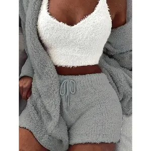 Women's Solid Color Plush Three-piece Pyjama Set, Fluffy, Soft Pajamas, Comfy V Neck Cami Top & Hooded Coat & Tie Front Shorts Loungewear Set, Women's Sleepwear for Winter