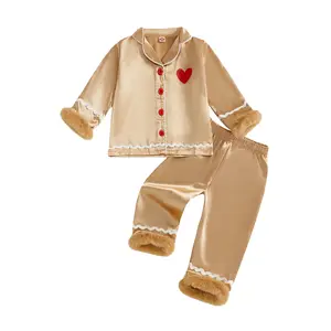 REDWOON Toddler Baby Girl Christmas Gingerbread Fuzzy Pajamas Set Cute Heart Print Button Down Shirt and Pants Holiday Pjs for Kids Loungewear Set