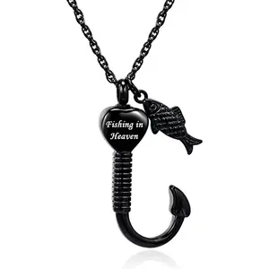 Gredstar Gone Fishing Urn Necklace for ashes Fish hook Cremation Urn Pendant Fishing in heaven Keepsake Jewelry