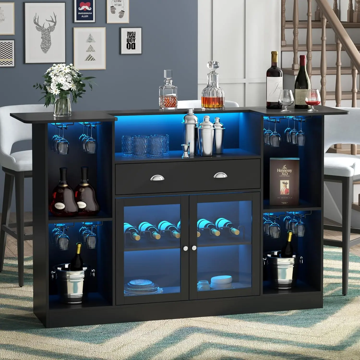Gyfimoie Bar Table Cabinet with LED & Drawer, Mini Liquor Bar with 8-Tier Storage & Stemware Holder, Wine Alcohol Bar Stand with Glass Door & Adjustable Wine Rack, Crescent Shaped Counter for Home Pub