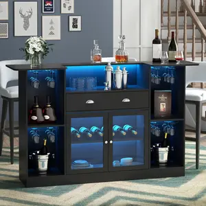 Bar Table Cabinet with LED & Drawer, Mini Liquor Bar with 8-Tier Storage & Stemware Holder, Wine Alcohol Bar Stand with Glass Door & Adjustable Wine Rack, Crescent Shaped Counter for Home Pub