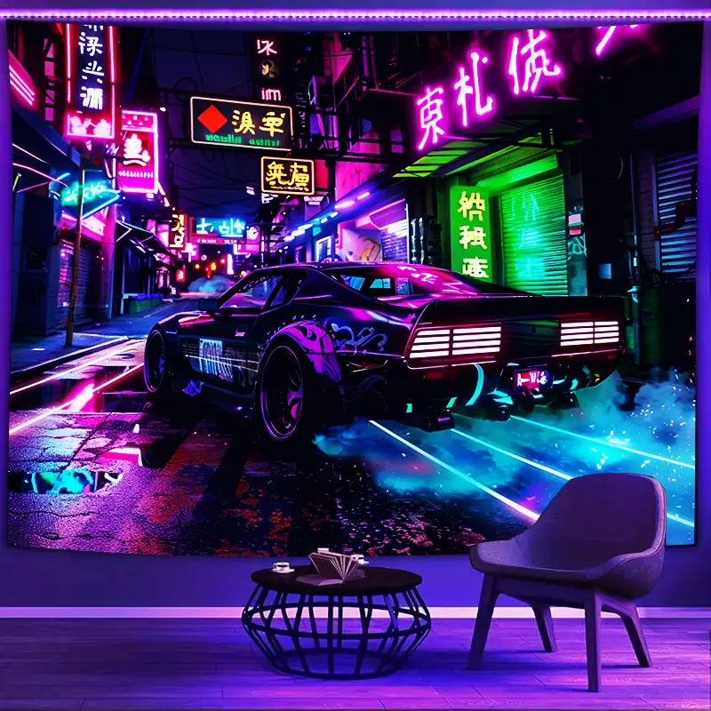 1pc Patterned Anime Theme Black Light UV-Active Polyester Knitted Tapestry - Glow in the Dark Blacklight Glow Home Decor Wall Hanging, 85g Fabric, Horizontal Indoor Wall Art for Living Room, Bedroom, Wall Decor, Synthetic