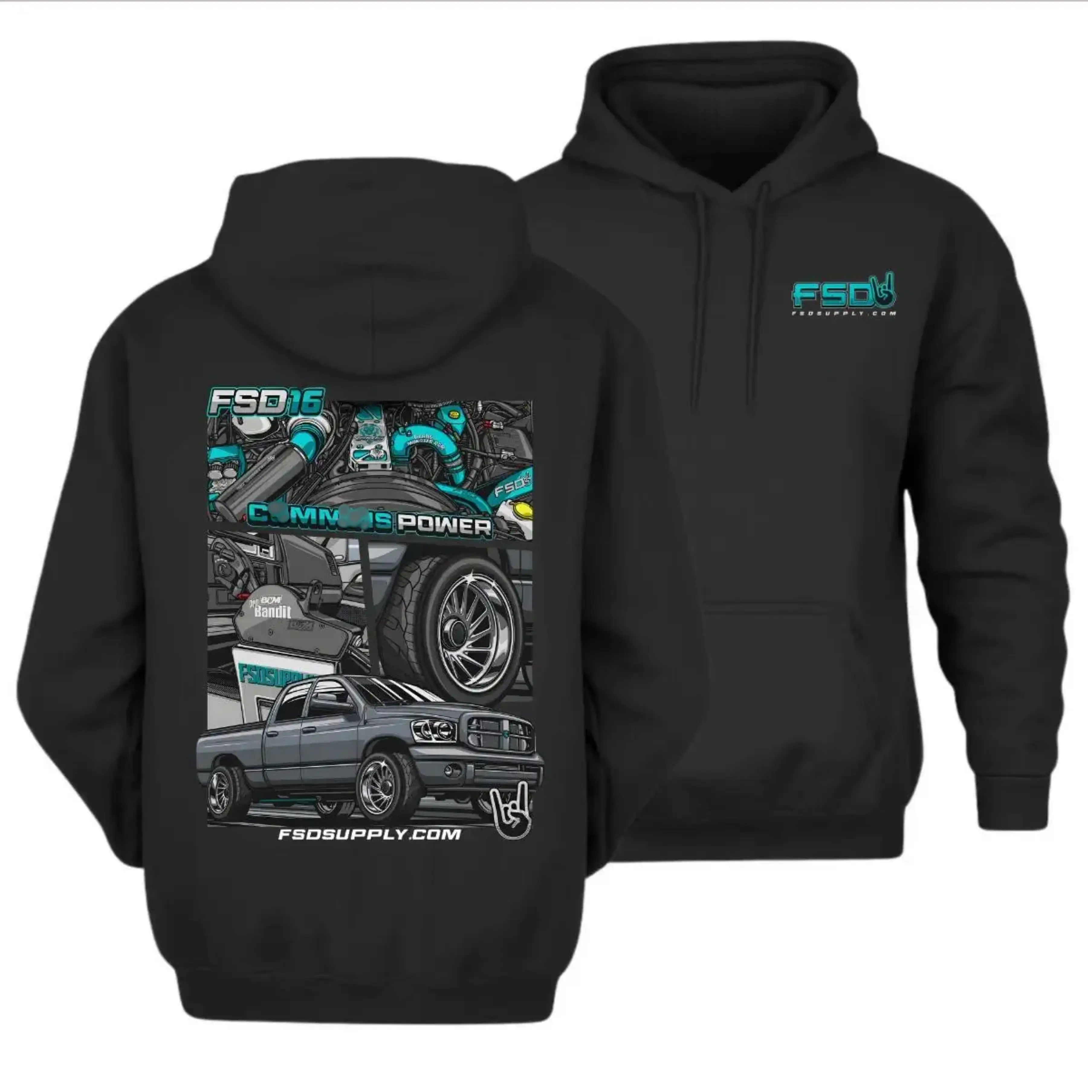 Cunmims Power FSD16 Graphic Hoodie with Truck Engine Design - Black Cotton Hoodie Gift for Diesel Truck Owners