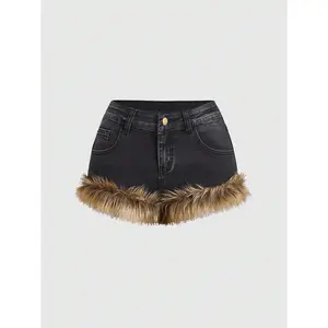 Women's Fur Patchwork Plushed Decorated Low Waist Denim Shorts for Rave Festivals