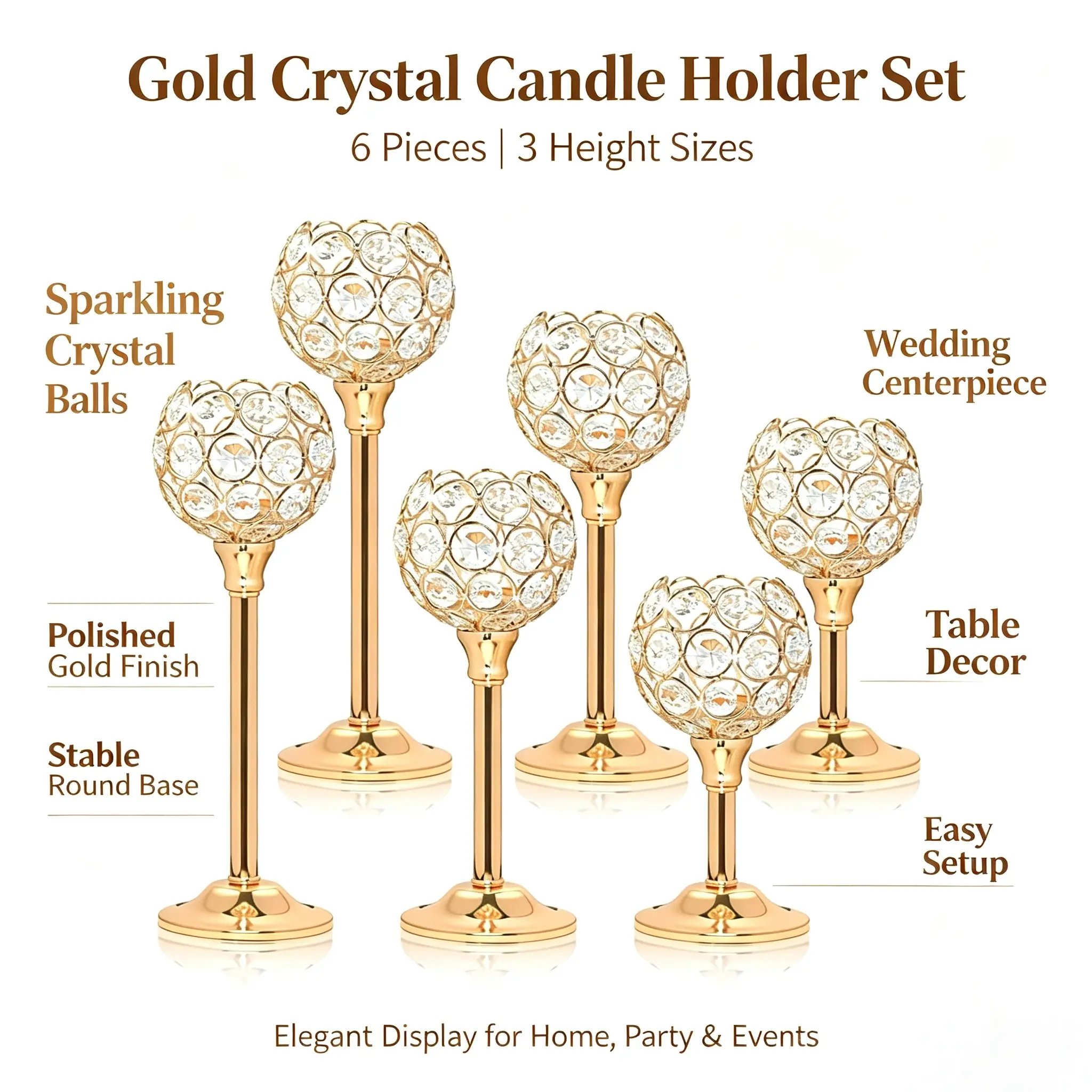 Metal & Crystal Gold-Silver Windproof Hurricane Votive Candle Holders, 3/6-Pack Modern Decorative Home Accessories, Room Decor for Wedding Table Centerpieces