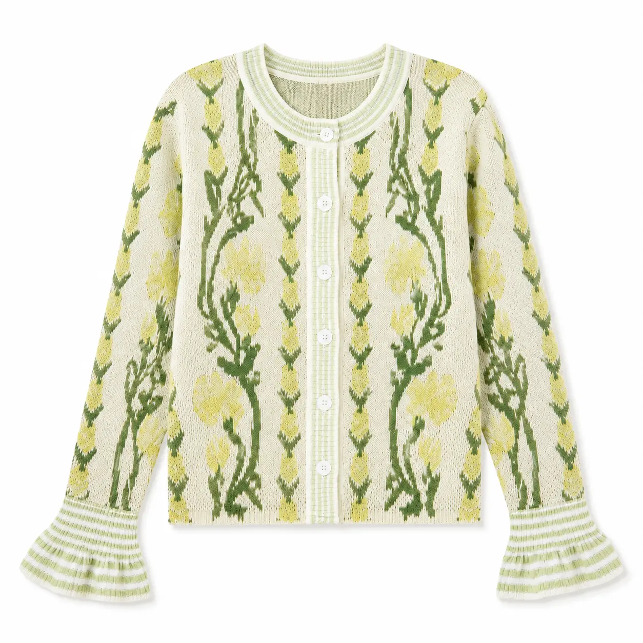 Women's Cottagecore Floral Knit Cardigan, Vintage Style with Crew Neck, Striped Trim, and Flared Long Sleeves