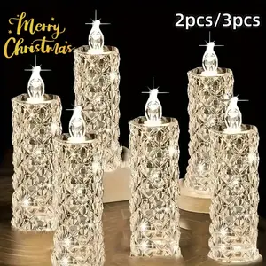 3pcs Battery-Operated LED Pillar Candles - Flameless Safe Decorative Lighting with Crystal-Like Faceted Design & Sparkling Light Reflection, Polished Metal Finish for Weddings - Long-Lasting Plastic Candles for Romantic Ambiance, Home Decor Lighting
