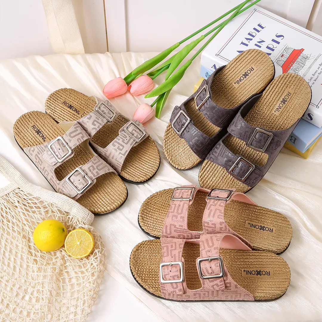 Roxoni Women's Fashion Double Buckle Open Toe Velcro Sandal for Summer Indoor/Outdoor Use Stylish Comfortable Chic Design Adjustable Fit Durable Sole