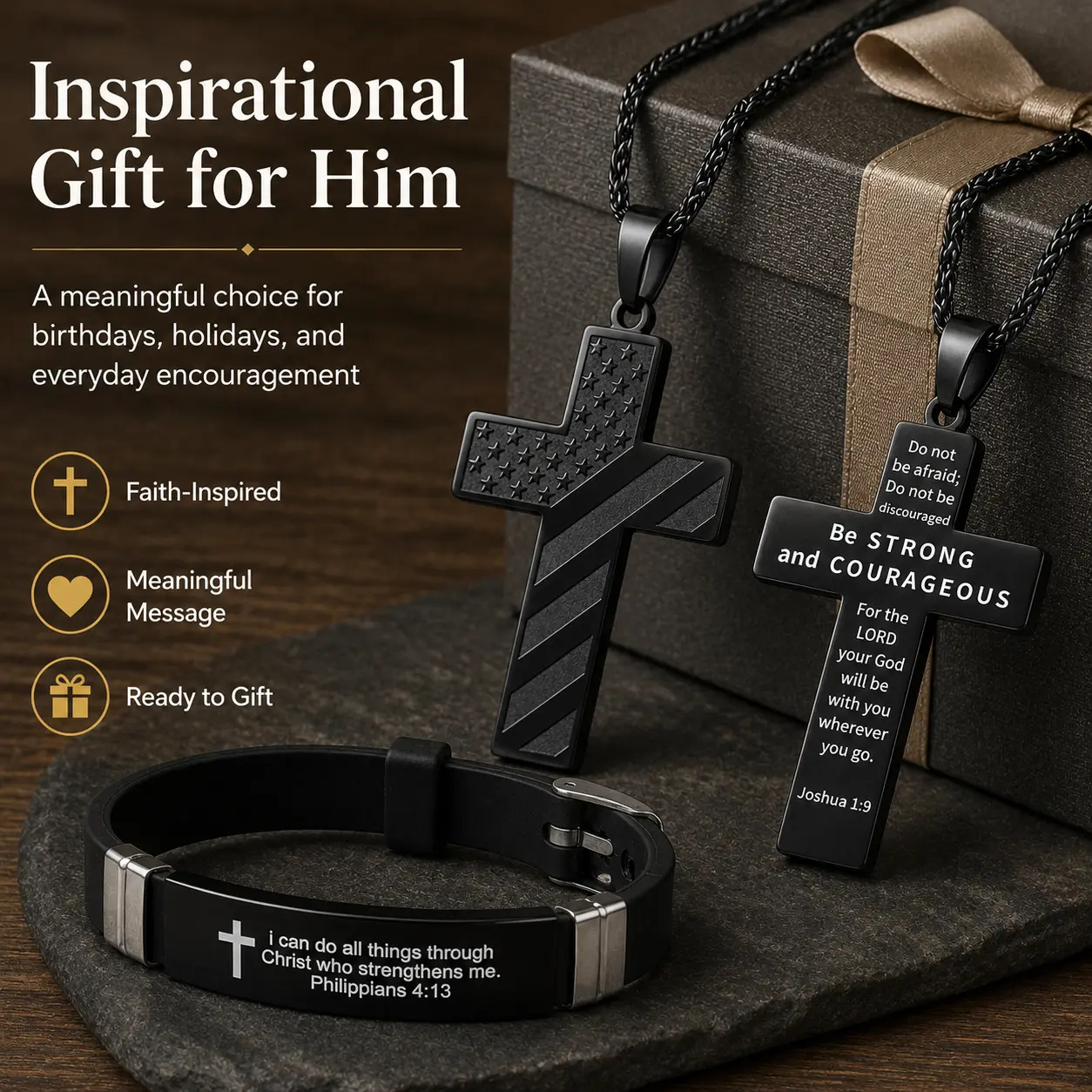 Black Stainless Steel Men's Necklace – 18-24" Adjustable Chain, American Flag Cross with Bible Verse, Faith & Patriotic Jewelry Gift for Son, Dad, Husband