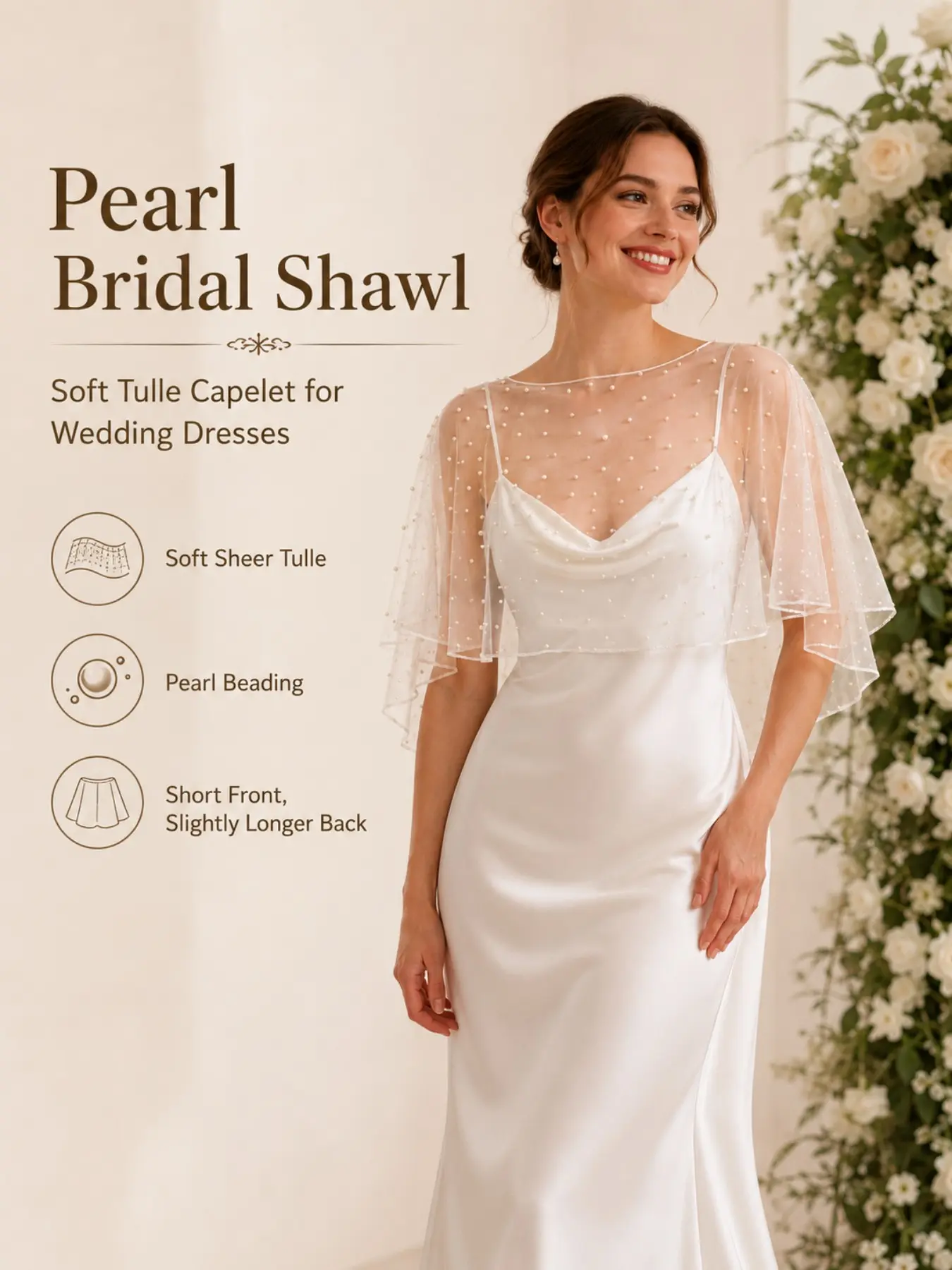 Sheer Pearl Tulle Bridal Capelet, Faux Pearl Beaded Mesh Wedding Shawl, Short Front Long Back Elegant Boat Neck Cover Up, Lightweight Bridal Wrap for Bride Wedding Ceremony Reception Photoshoot, Women Bridal Wedding Accessories