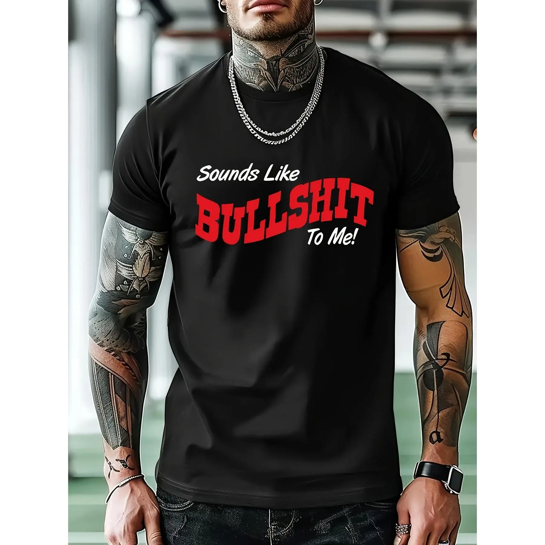 Men'S "Sounds Like Bullshit to Me!" Graphic T-Shirt - Navy Blue Bold Statement Tee with Red & Print, Comfort Fit Short Sleeve Crew Neck Casual Shirt for Gym, Casual Attire & All-Season Outfits - Funny Sarcastic Humor Apparel