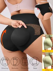 Seamless High-Waisted Fit Women's Abdominal Compression & Butter Lift Underwear, Smooth Breathable Mesh Patchwork Briefs, Detachable Hip Padding, Women's Shapewear for All Seasons, Everyday Daily Wear, Womenswear
