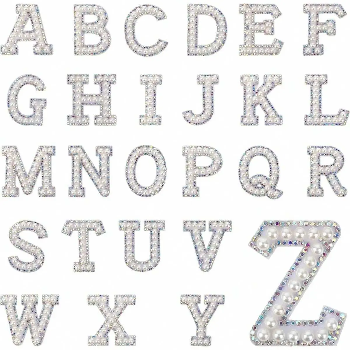 1 piece diamond pearl 26 English letter cloth embroidery, Lettered embroidery, Letter embroidered, pearl rhinestone patch, sewn/glued patch, T-shirt patch, Embroidery Patches, suitable for wedding dresses, DIY, Handicrafts