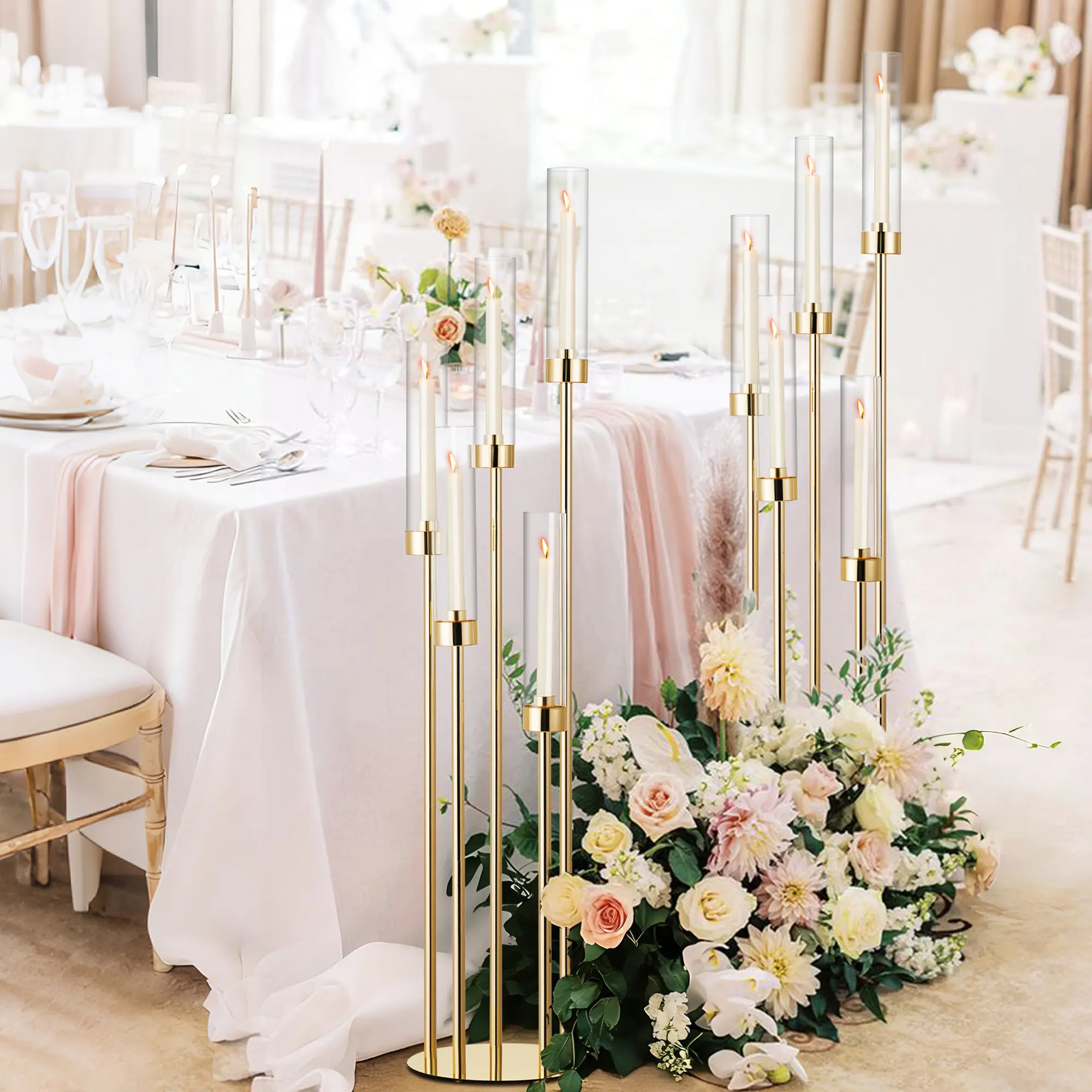 42.5" Height Gold Metal Floor Candelabra - 5-Arm Decorative Standing Candle Holder with Removable Acrylic Shades, Multiple-Use Table/Wedding Centerpiece Home Decor, Baroque Glam