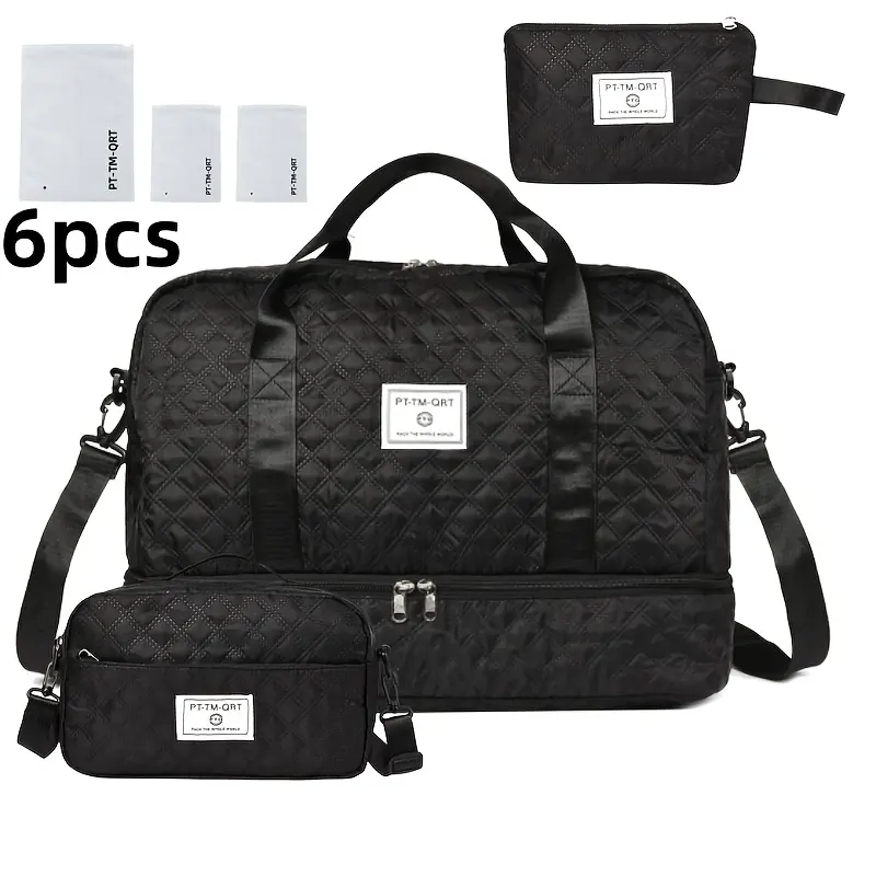 Solid Color Large Capacity Multifunctional Travel Bag Set, Letter Pattern Zipper Travel Bag with Shoe Compartment, Casual Sports Fitness Bag for Women & Men, Weekender Travel Set, Travel Essentials, Daily Travel Bag, Traveling Bag