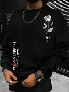 Men's Plus Size Floral & Letter Print Drop Shoulder Long Sleeve Casual Sweatshirt, Comfortable Outwear for Everyday Wear