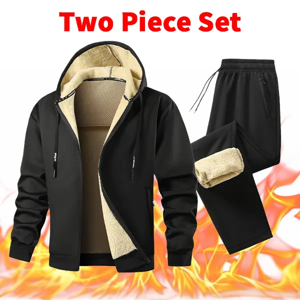 Men's Sherpa-Lined Winter Tracksuit, Essential Two-Piece Hooded Fleece Jacket and Sweatpants Set, Cold Weather Streetwear Winter Zip-Up Hooded Jacket and Matching Sweatpants Two-Piece Set, Cozy Lounge Outfit