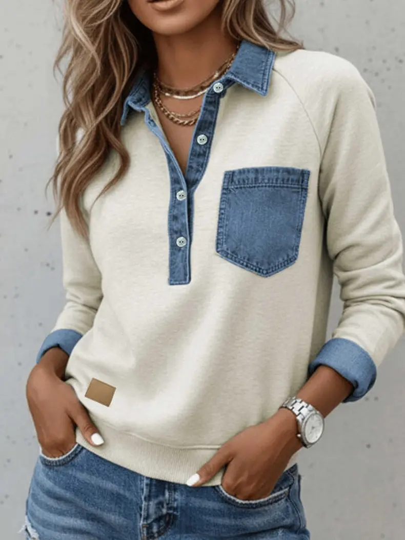 Women’s Collared Neck Denim Patchwork Pullover Blouse - Comfortable Longsleeves Casual Shirt with Button Placket, Roll-Up Cuffs, Regular Fit, Stylish Top for Everyday Wear, Travel, Grey