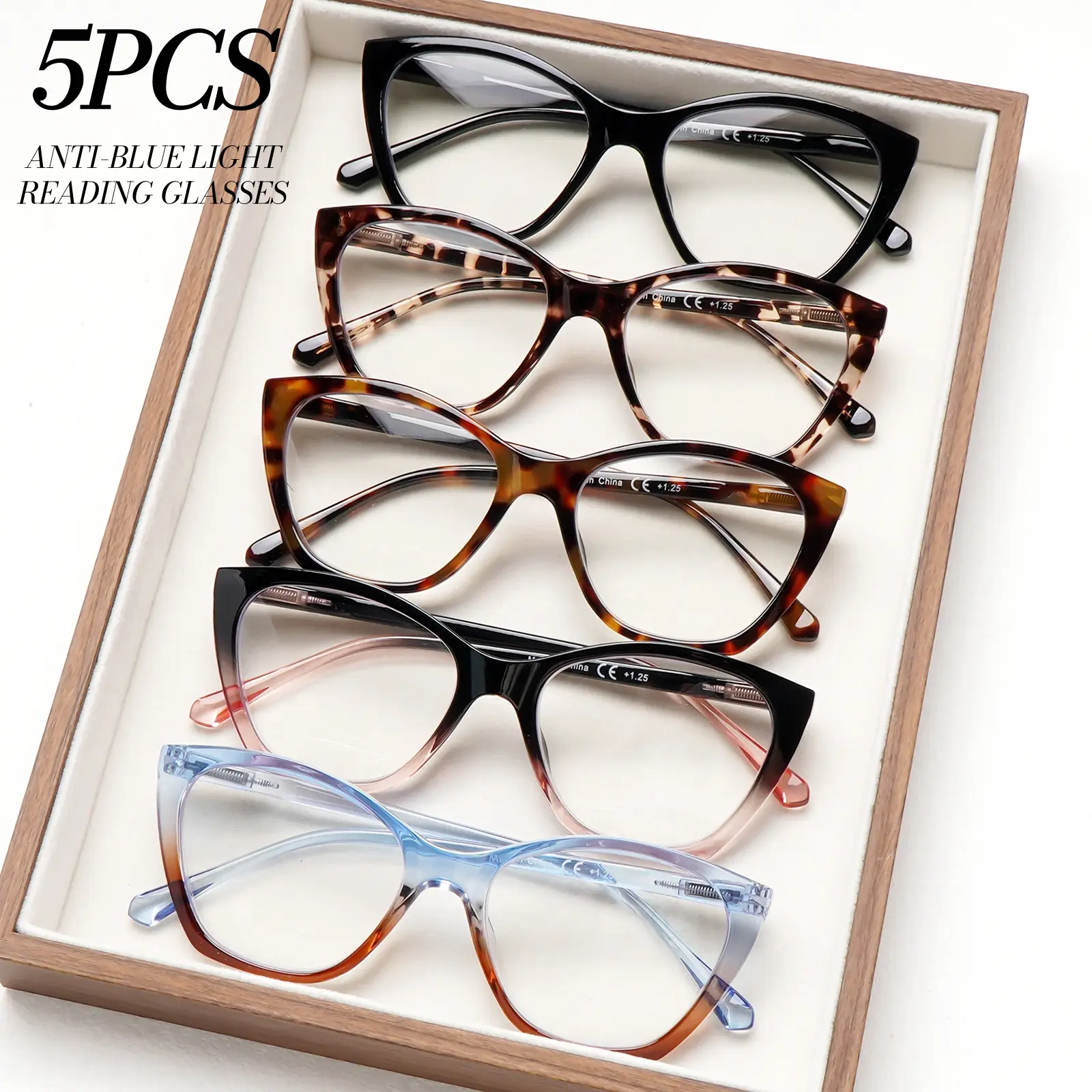 5 Pack Blue Light Blocking Reading Glasses for Women, Spring Hinge Lightweight Readers with Tortoise, Leopard Print & Gradient Color Fashion Frames