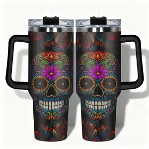 1pc Tumbler Stainless Steel Water Bottle Colorful Sugar Skull Floral Pattern Designs, Leakproof Insulated Tumbler Large Capacity (40oz/30oz/22oz/20oz/14oz), Needed for Gym, Hiking, Travel Ideal Birthday Christmas Gift