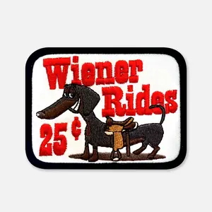 Wiener Rides Patch - 2.5" x 2.25" Heavy Twill Embroidered Patch with Epic History of Badassery - Iron On Adhesive Backed
