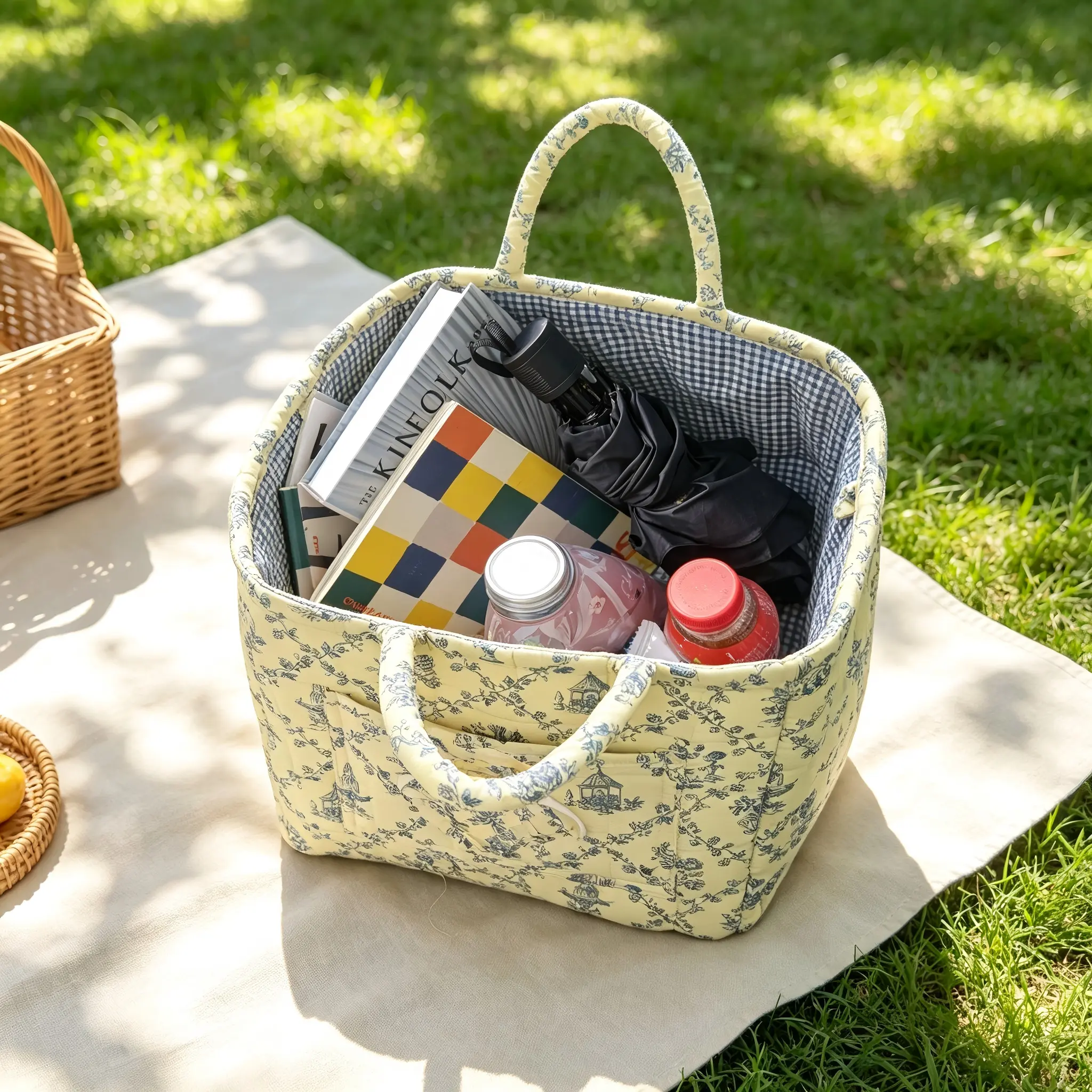 Foldable Storage Box with Handle – Lightweight Collapsible Basket Tote for Home, Kitchen, Pantry, Picnic, Shopping, Snacks, Toys, Laundry – Portable Space-Saving Bin, Cute Farmhouse Style