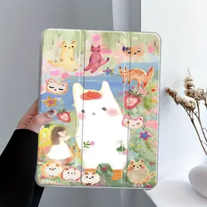Cute Whimsical Cat iPad Tablet Case transparent acrylic hard back panel, with pencil slot，suitable for ipad mini pro air.  Scratch-resistant ultra-thin protective case, shock-resistant full cover protective case suitable for offices schools and homes