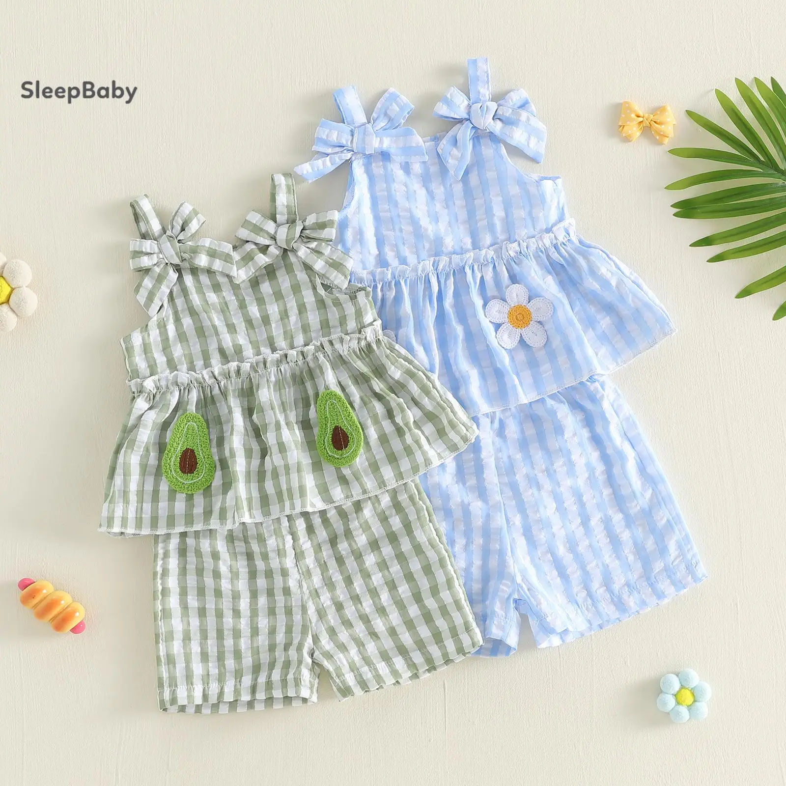 Toddler Girl Summer 2-Piece Outfit Set with Sleeveless Floral Embroidery Tank Top and Plaid Bowknot Shorts, Polyester Baby Clothing Gift Set, Gift Sets, Outfits