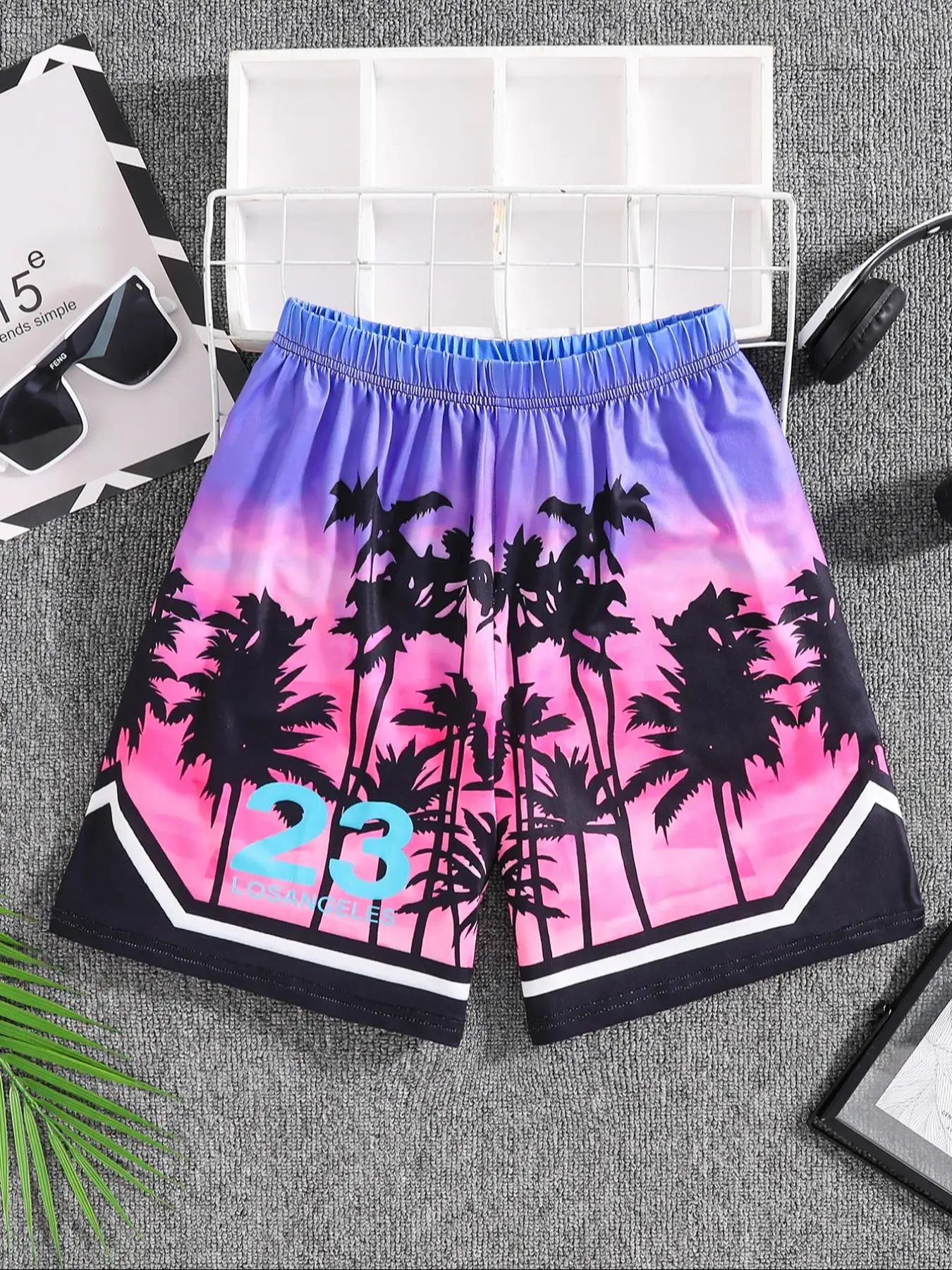 Boy's Letter & Palm Tree Print Quick Drying Shorts, Casual Breathable Comfortable Shorts for Outdoor Basketball Training, Summer Bottoms for Kids