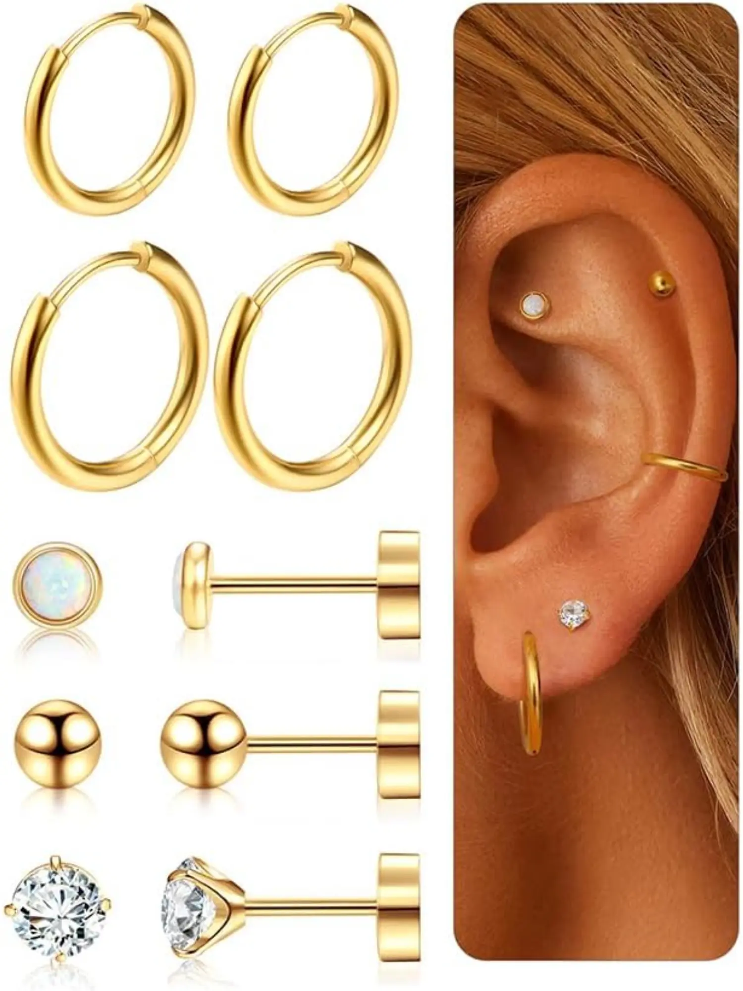 5 Pairs Titanium Earrings - Gold Silver 14K Plated Studs Hoops with Cubic Zirconia Opal - Cartilage Tragus Conch Piercing for Women