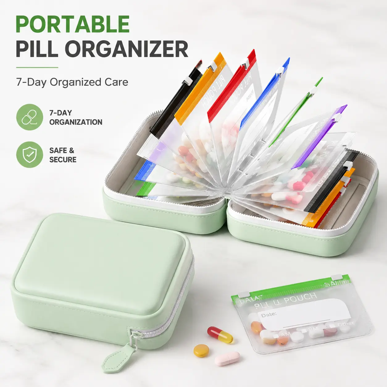 Waterproof Pill Pouch Set, 14pcs Bags Inside, Waterproof Pill Organizer Set, 7 to 14 Days of Meds,Zippered Pill Storage for Fish Oils, Vitamins, Reusable Pocket Pharmacy with Color-Coded Labels , summerwins
