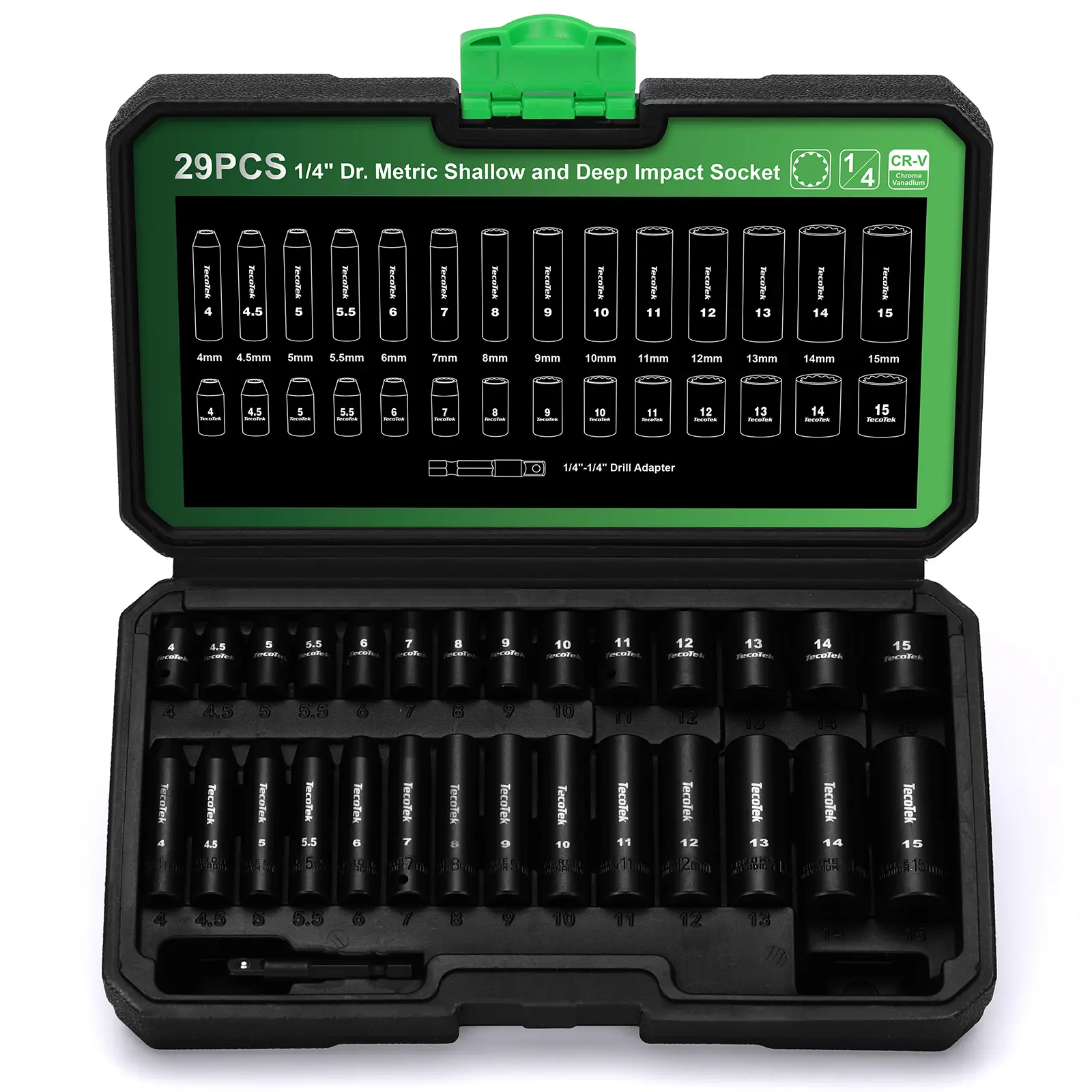 Tecotek 29-Piece 1/4-In. Drive Drop-Forged 12-Point CR-V Steel Socket Wrenches Set - Metric Shallow & Deep Hex Socket Set, High Visibility Laser Etched, Drill Adapter, Auto Repairs Hand Tool, Father's Day Gift