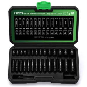 Tecotek 29 Pieces 1/4-Inch Drive Shallow and Deep 12-Point Impact Socket Set, CR-V, 4-15mm Metric, 1/4"-1/4" Drill Adapter