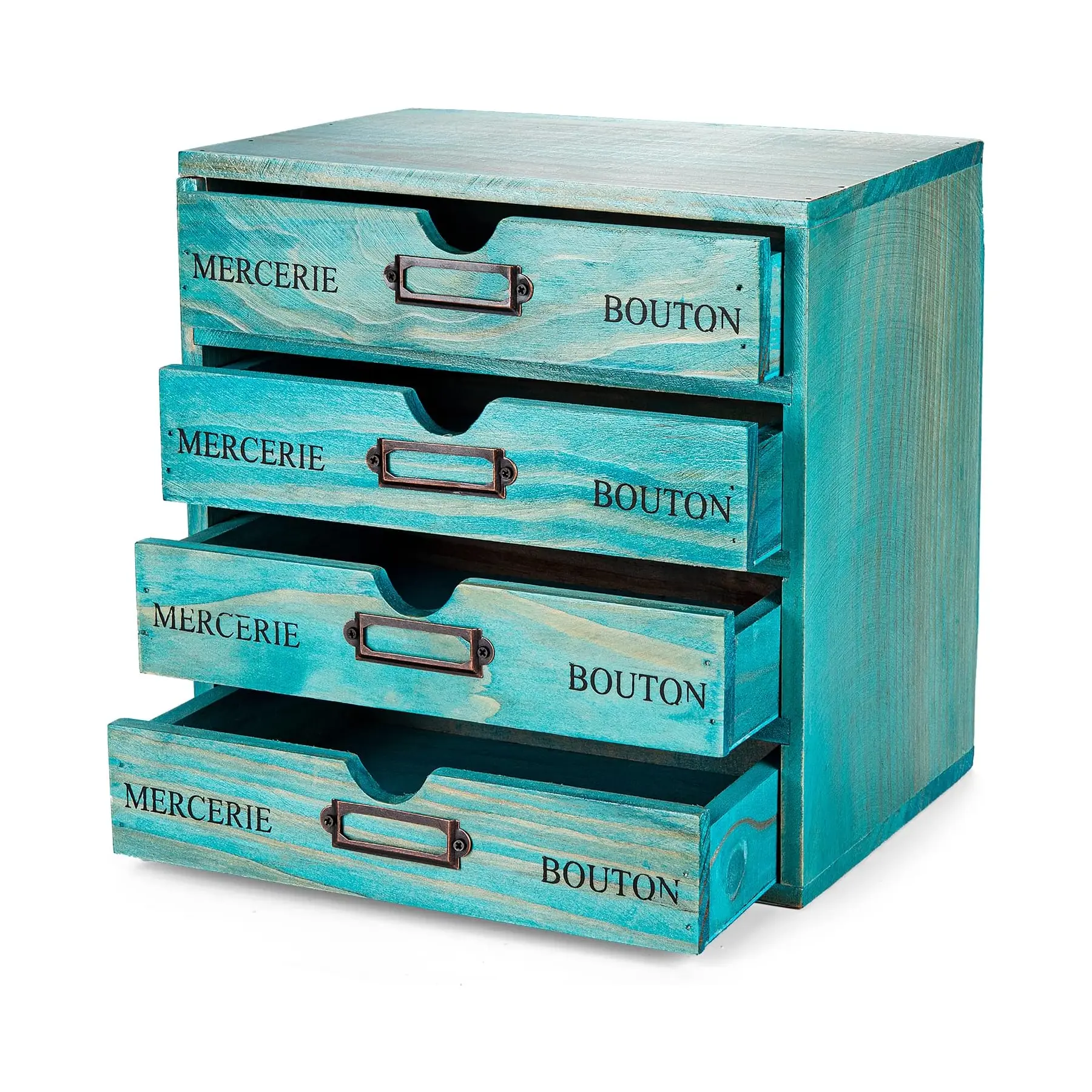 Teal European Country Desk Organizer - 4-Tier Wooden Stackable Drawers with Label Holders - Perfect for Countertop Cabinet Top