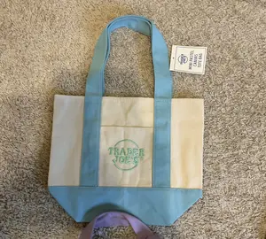 Trader joe's Mini canvas tote bag. pastel colors. blue.