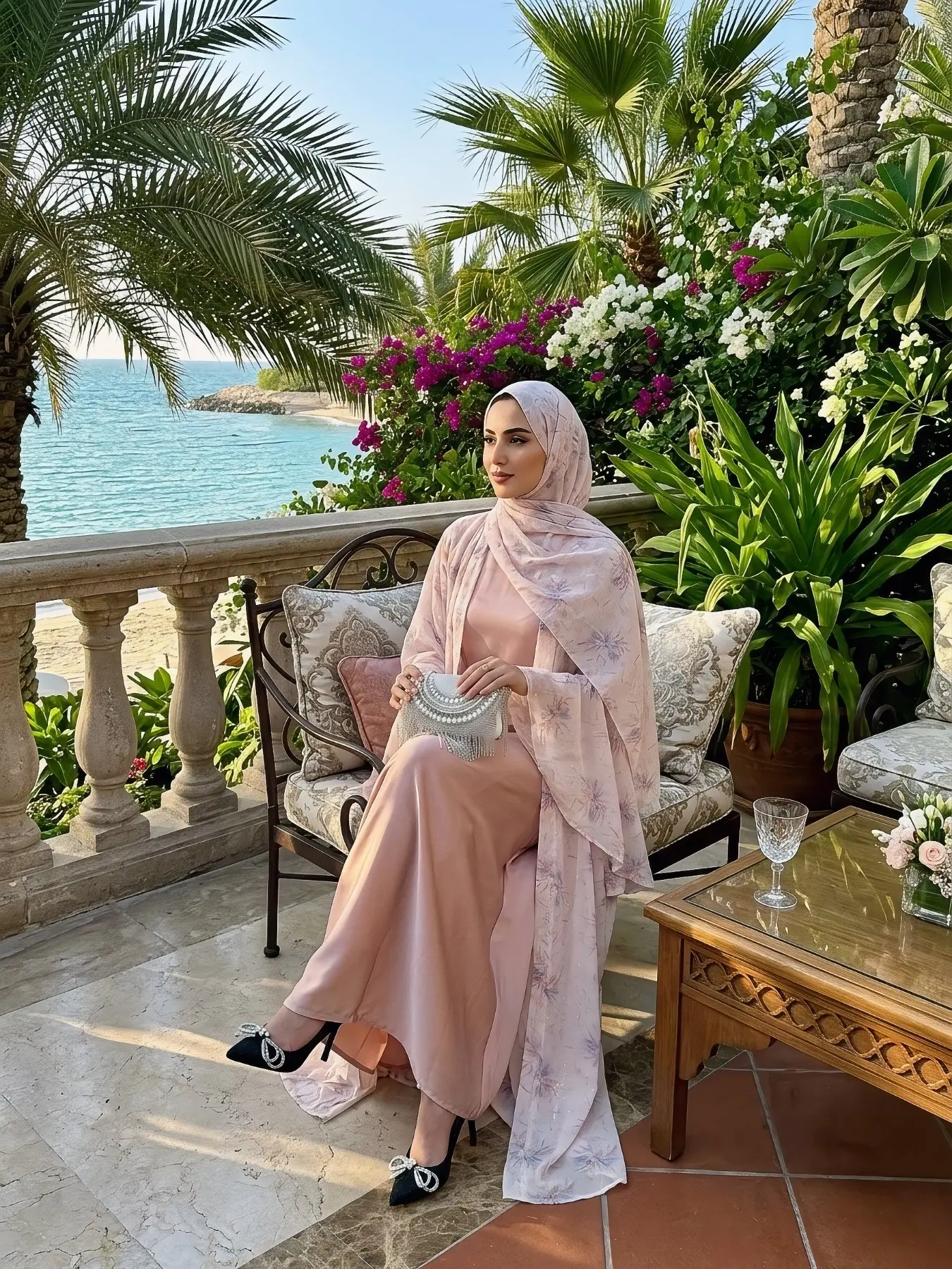 Three-piece Elegant Floral Chiffon Abaya Hijab Set, Flared Sleeve Open Front Cardigan with Matching Headscarf And slip dress, Casual Vacation Party Wear, Elegant Islamic Clothing